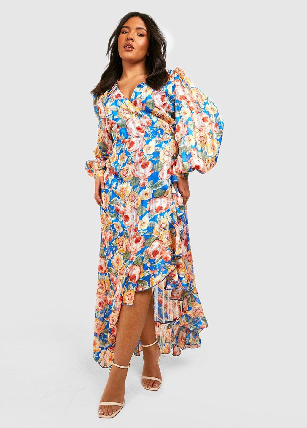 Блакитна кежуал, коктейльна сукня в стилі армпір, на запах Boohoo з квітковим принтом