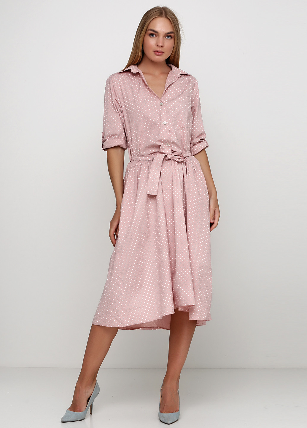 Светло-розовое кэжуал платье клеш New Collection в горошек