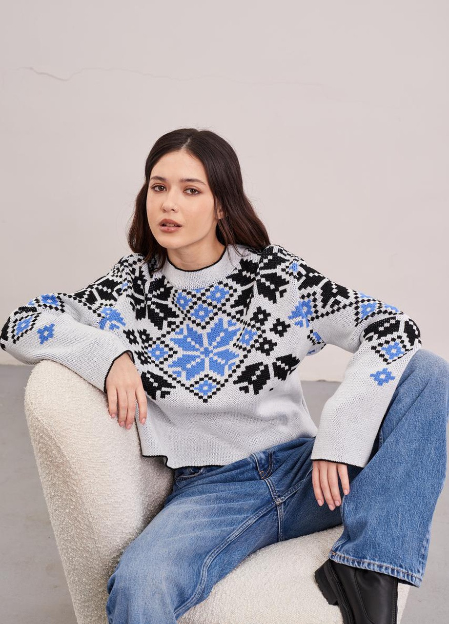 Бежевий демісезонний джемпер "соломійка" (синій орнамент) one size MEREZHKA