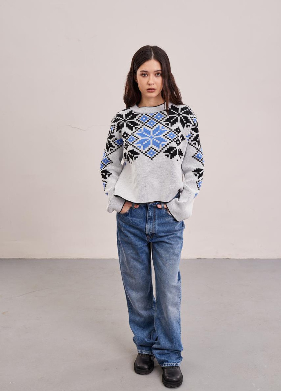 Бежевий демісезонний джемпер "соломійка" (синій орнамент) one size MEREZHKA