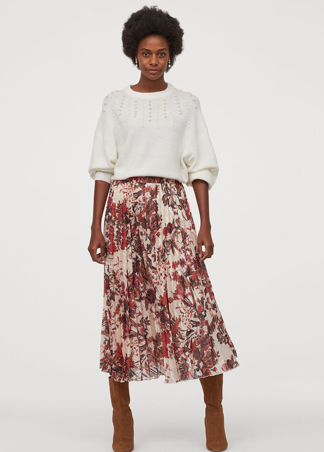 Бежевая кэжуал цветочной расцветки юбка H&M плиссе