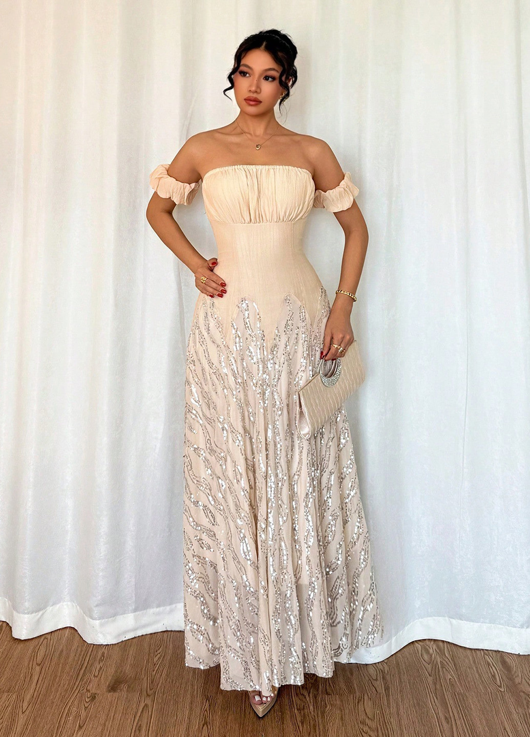 Кремовое праздничный, вечернее платье а-силуэт SHEIN однотонное