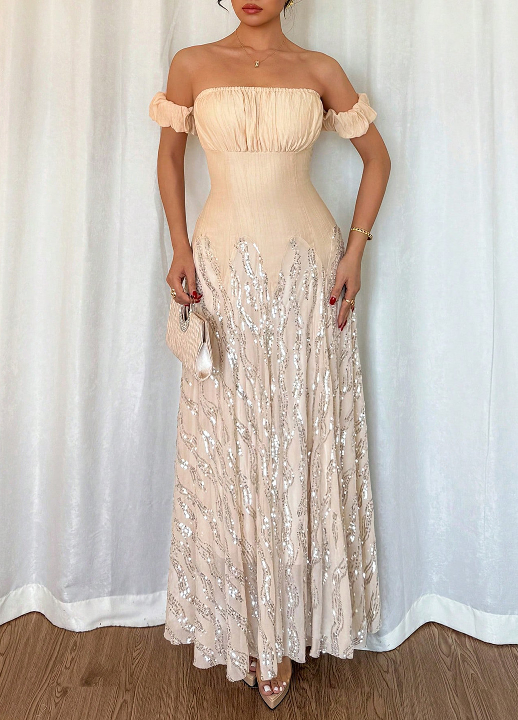 Кремовое праздничный, вечернее платье а-силуэт SHEIN однотонное