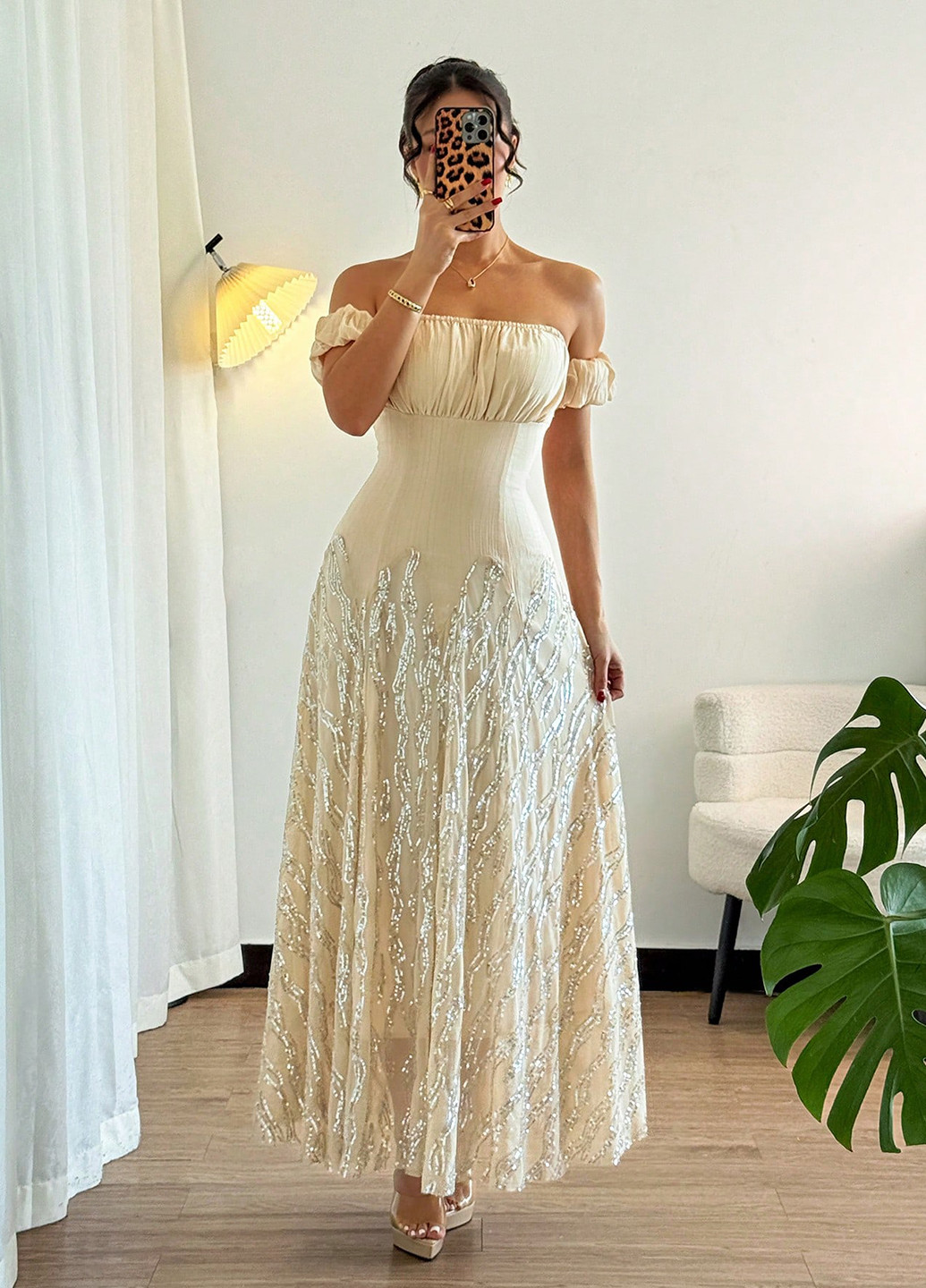 Кремовое праздничный, вечернее платье а-силуэт SHEIN однотонное