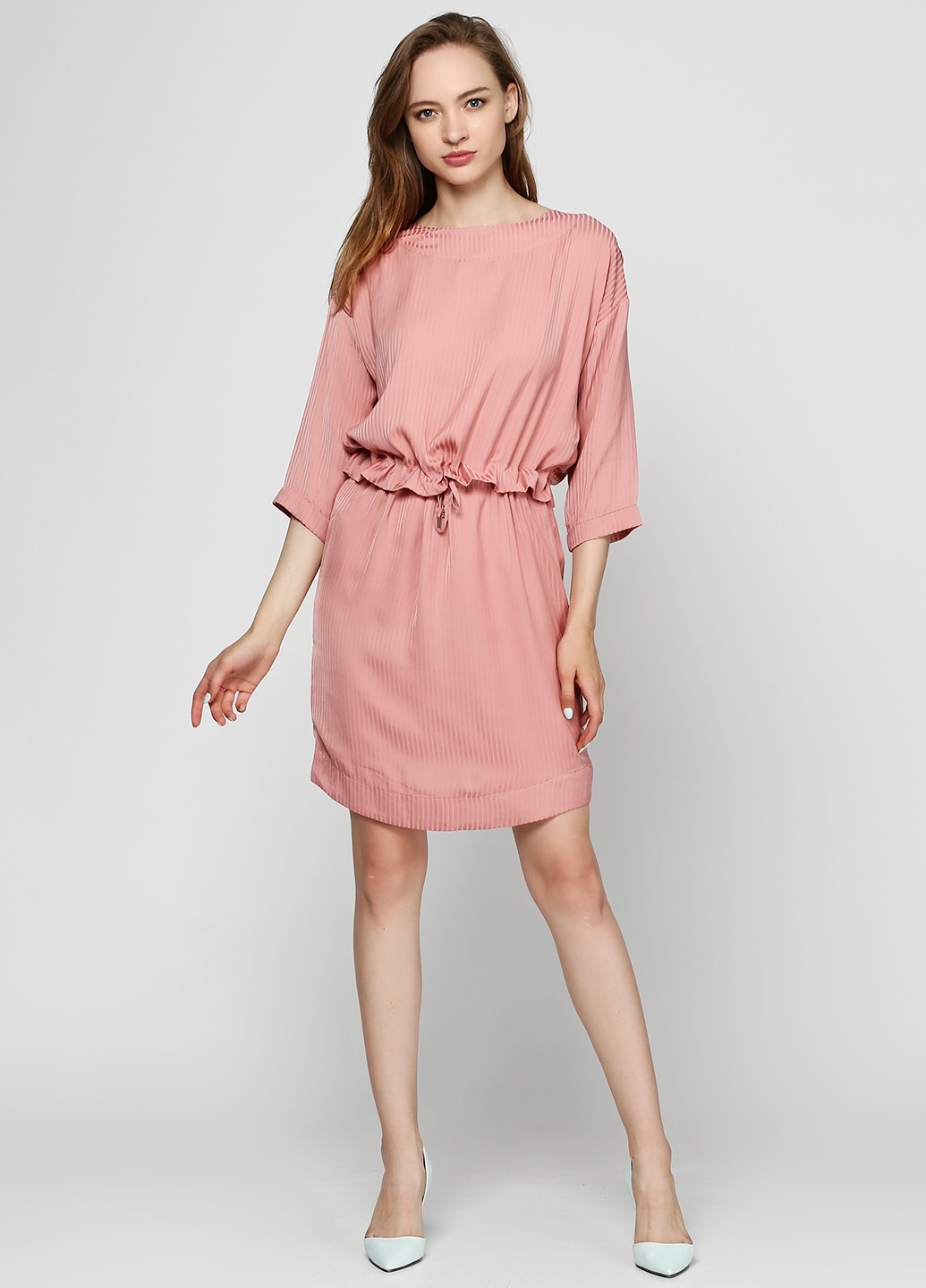 Розово-коричневое коктейльное платье Minus в полоску