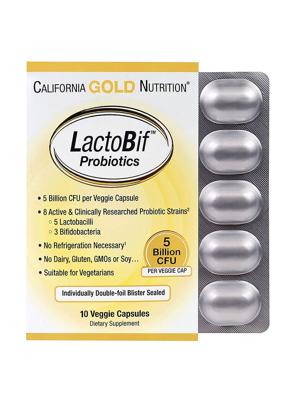 Пробіотики LactoBif, 5 млрд КУО (10 овочевих капсул) California Gold Nutrition