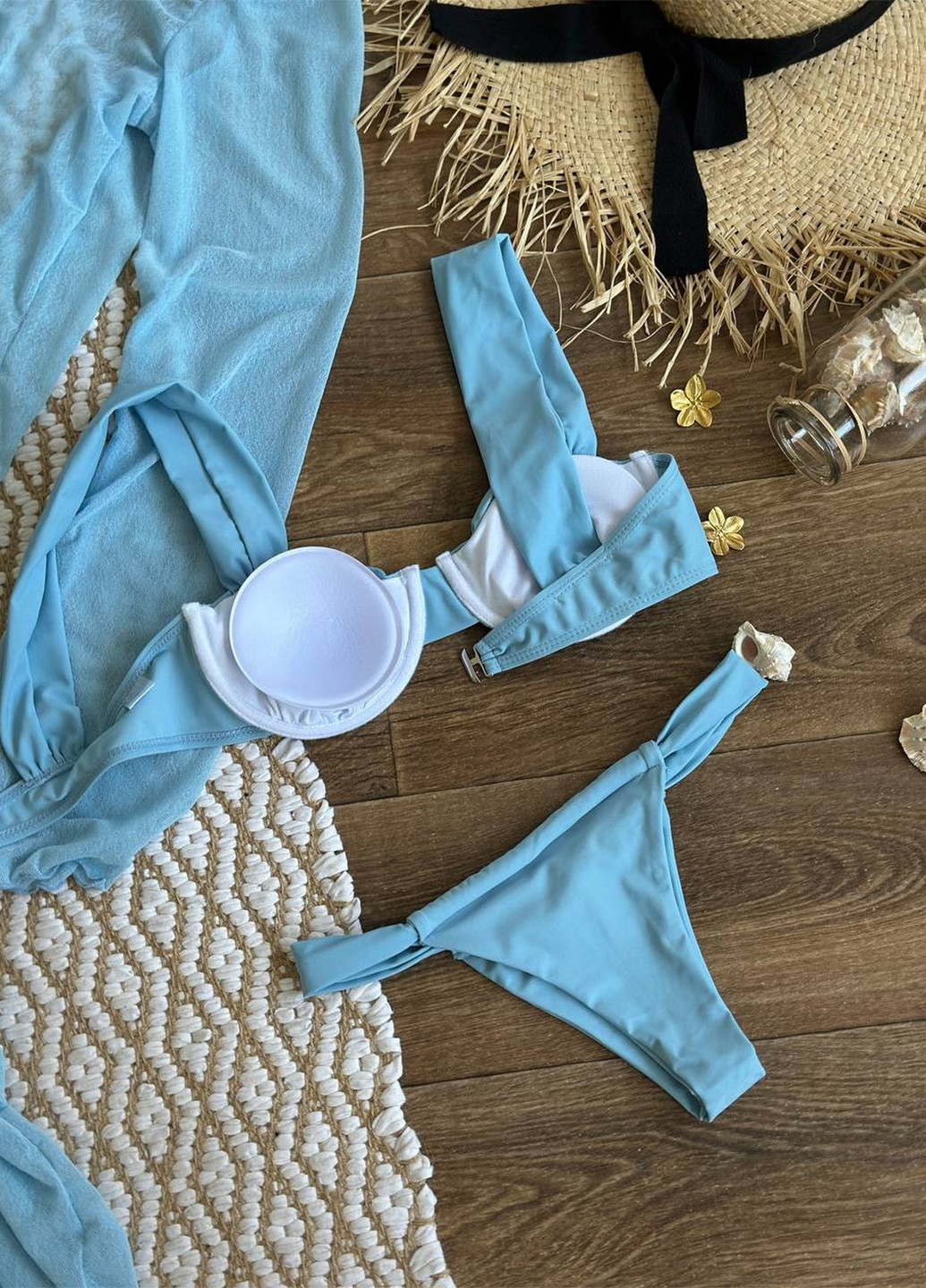 Голубой летний пляжный комплект женский (купальник, туника) раздельный NOVA VEGA