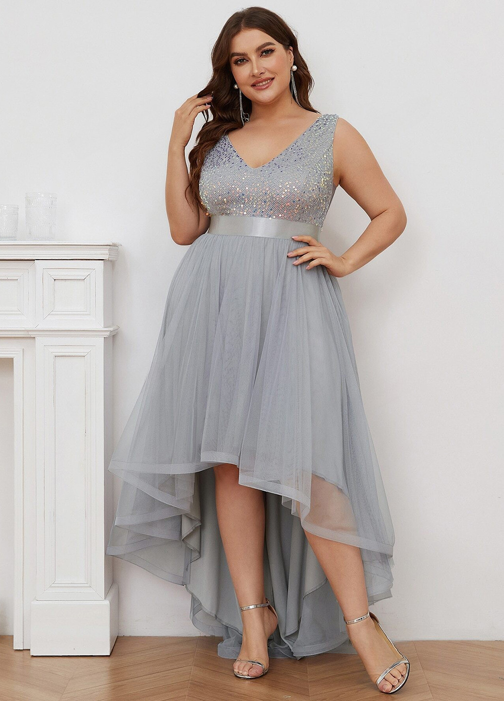 Світло-сіра святковий, коктейльна, вечірня сукня з пишною спідницею, з відкритою спиною SHEIN однотонна