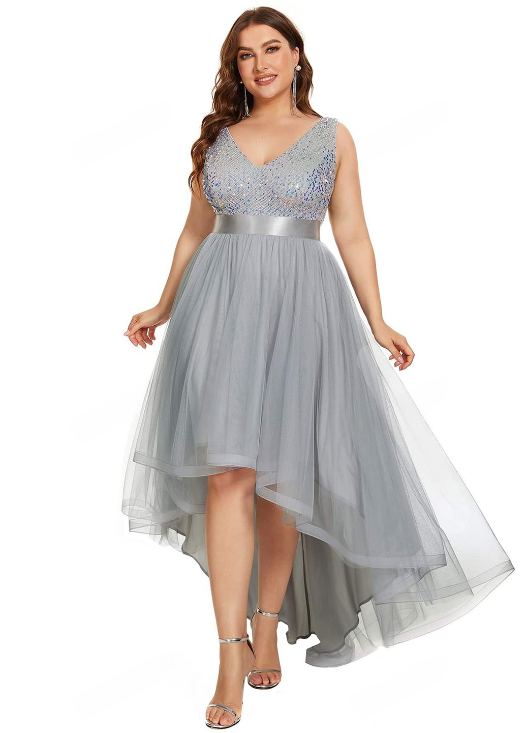 Світло-сіра святковий, коктейльна, вечірня сукня з пишною спідницею, з відкритою спиною SHEIN однотонна