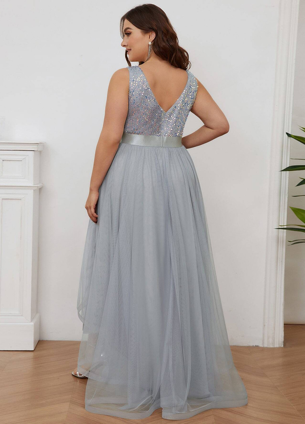 Світло-сіра святковий, коктейльна, вечірня сукня з пишною спідницею, з відкритою спиною SHEIN однотонна