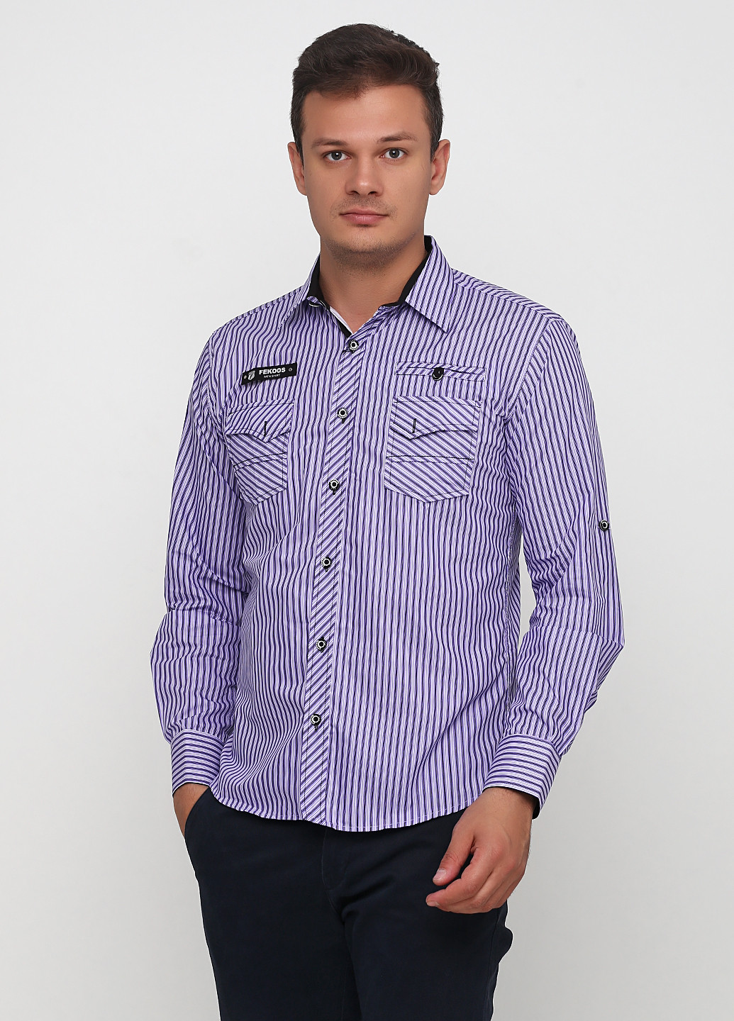 Фиолетовая кэжуал рубашка в полоску Fekoos с длинным рукавом