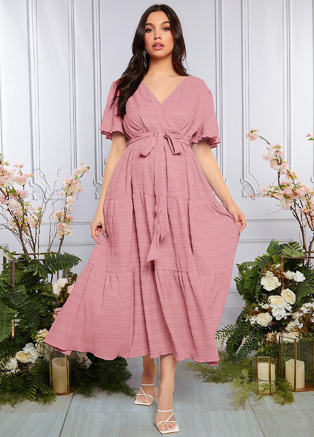 Світло-рожева кежуал сукня для вагітних на запах SHEIN однотонна