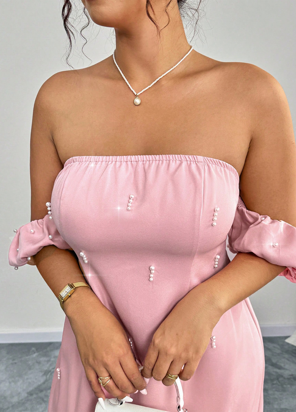 Розовое вечернее платье с открытыми плечами SHEIN однотонное