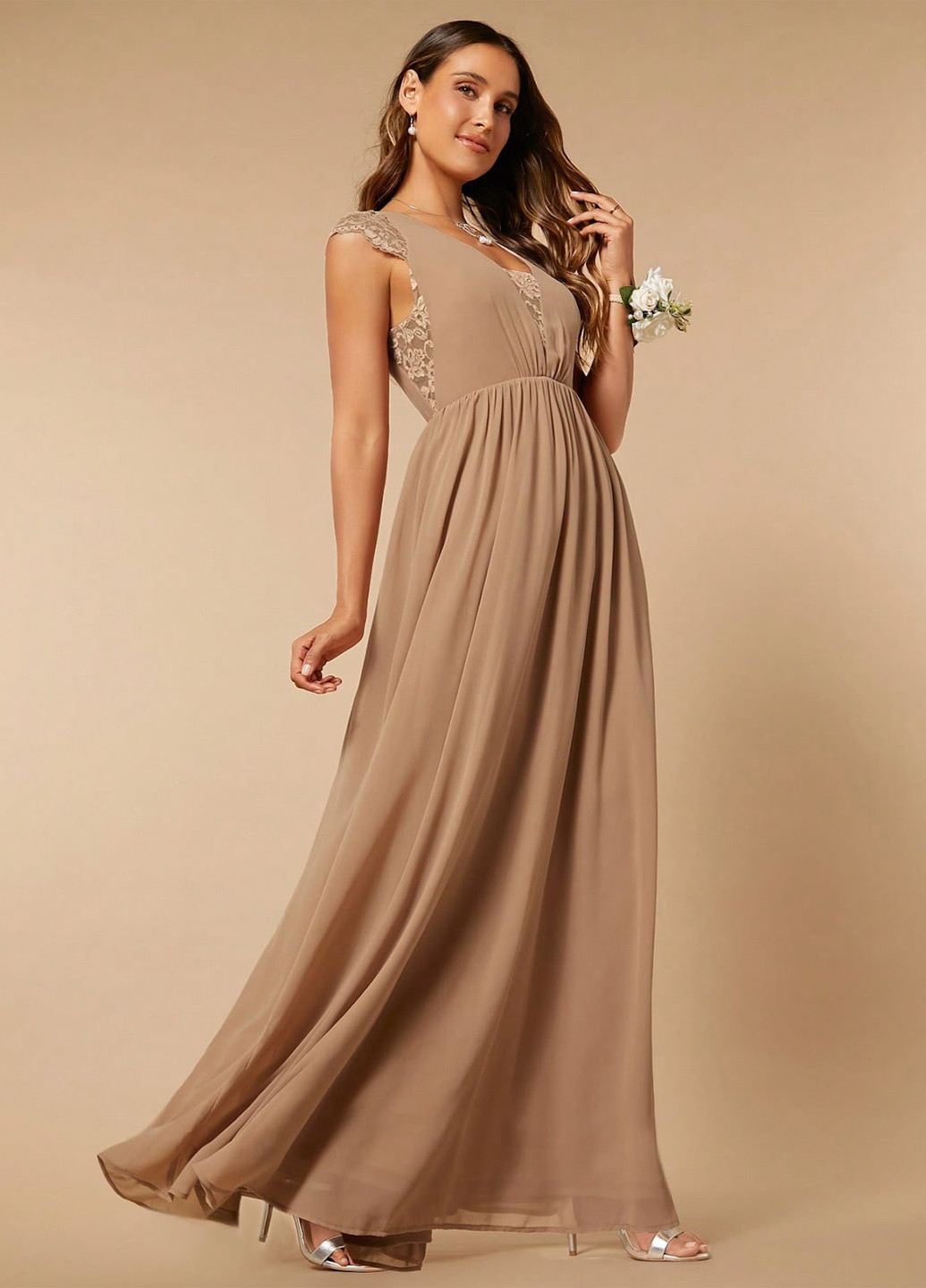 Темно-бежевое вечернее, праздничный платье в греческом стиле SHEIN однотонное