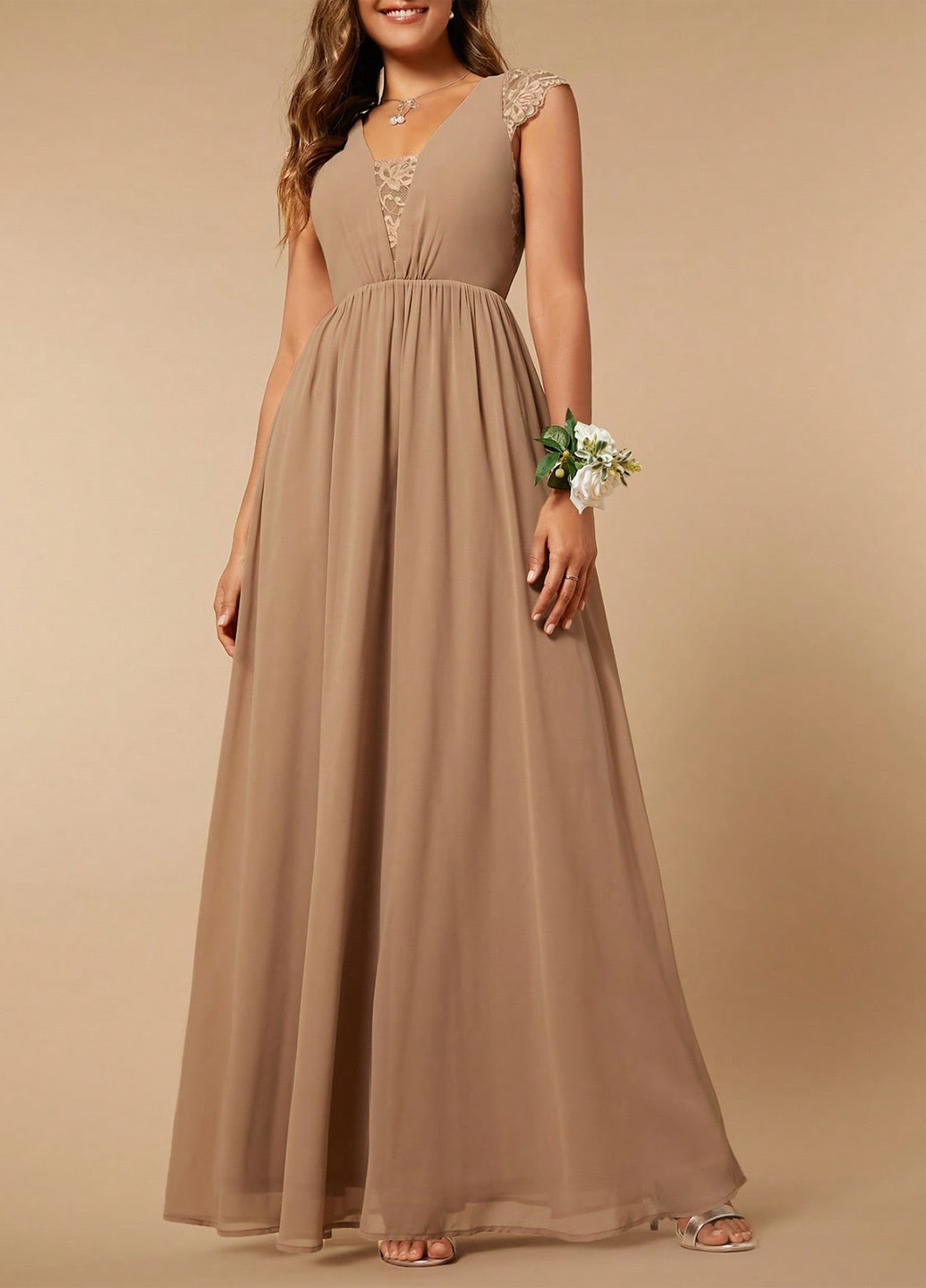 Темно-бежевое вечернее, праздничный платье в греческом стиле SHEIN однотонное