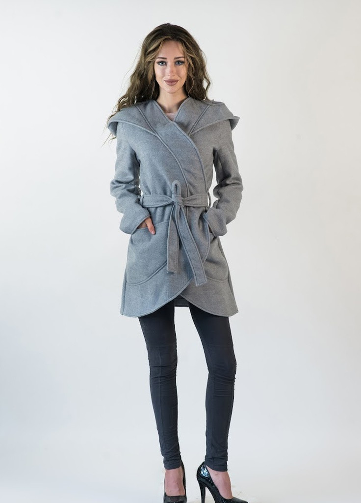 Серое демисезонное Женское кашемировое пальто с капишоном Podium