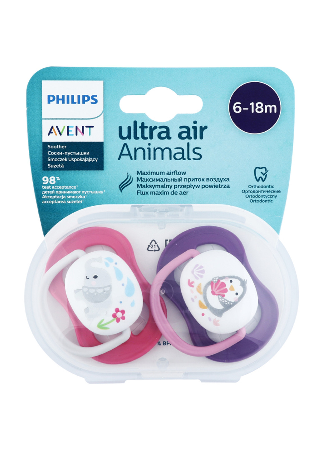 Силіконова пустушка ultra air "animal" 6-18 міс. для дівчаток 2 шт. (scf080/08) Philips Avent 8710103949459 (256012120)