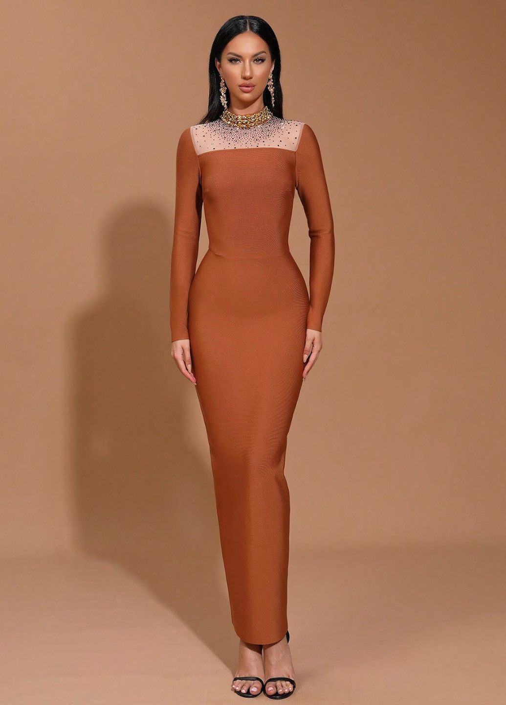 Коричневое вечернее платье SHEIN однотонное