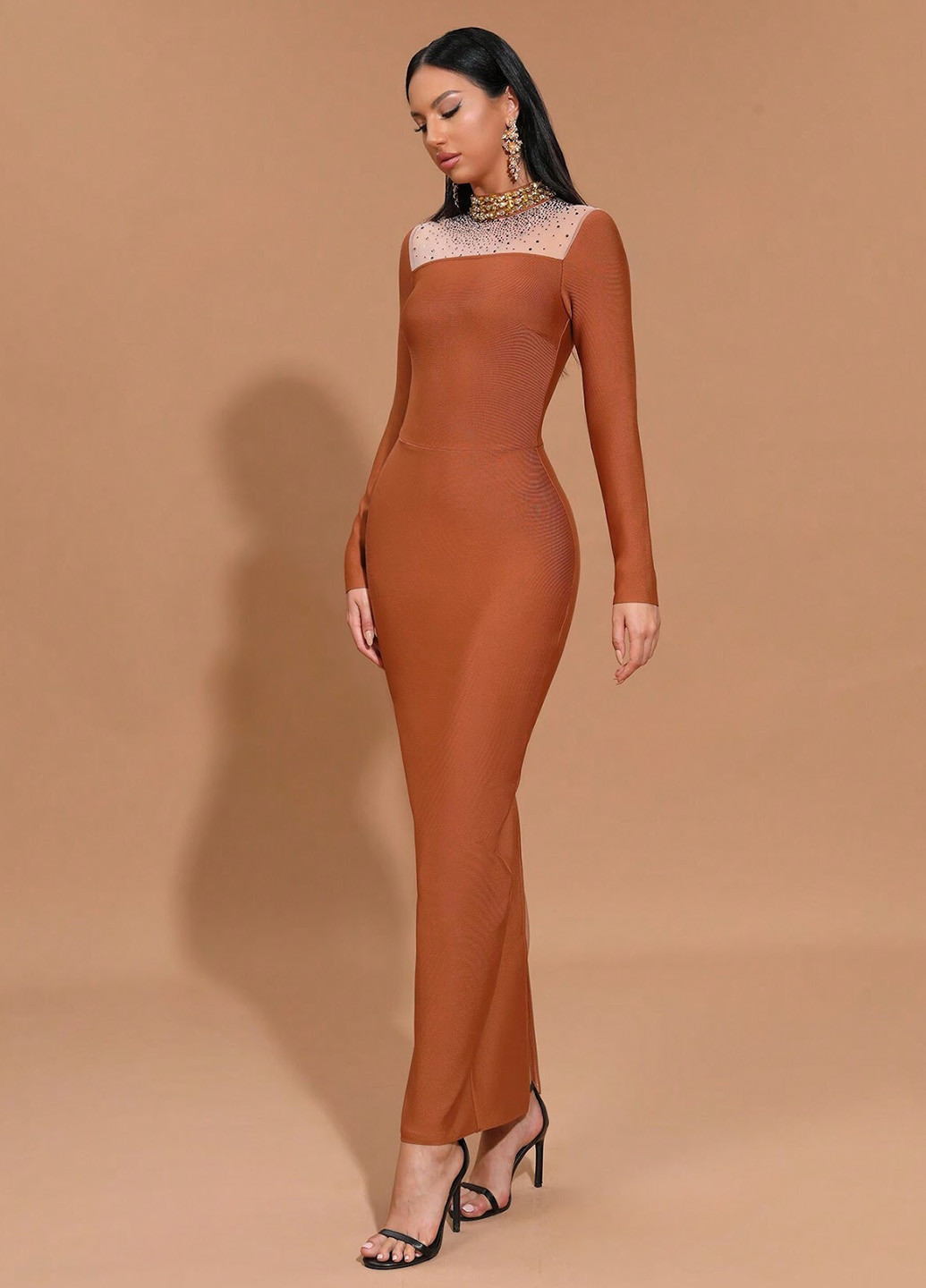 Коричневое вечернее платье SHEIN однотонное