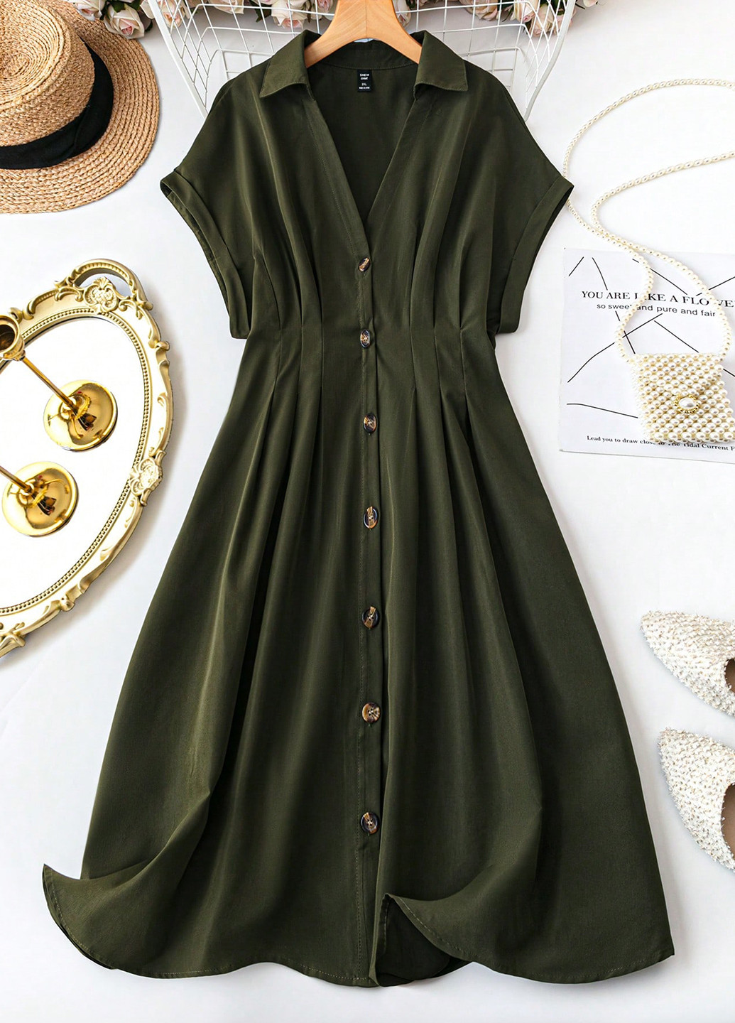 Оливкова (хакі) кежуал сукня сукня-сорочка, кльош SHEIN однотонна