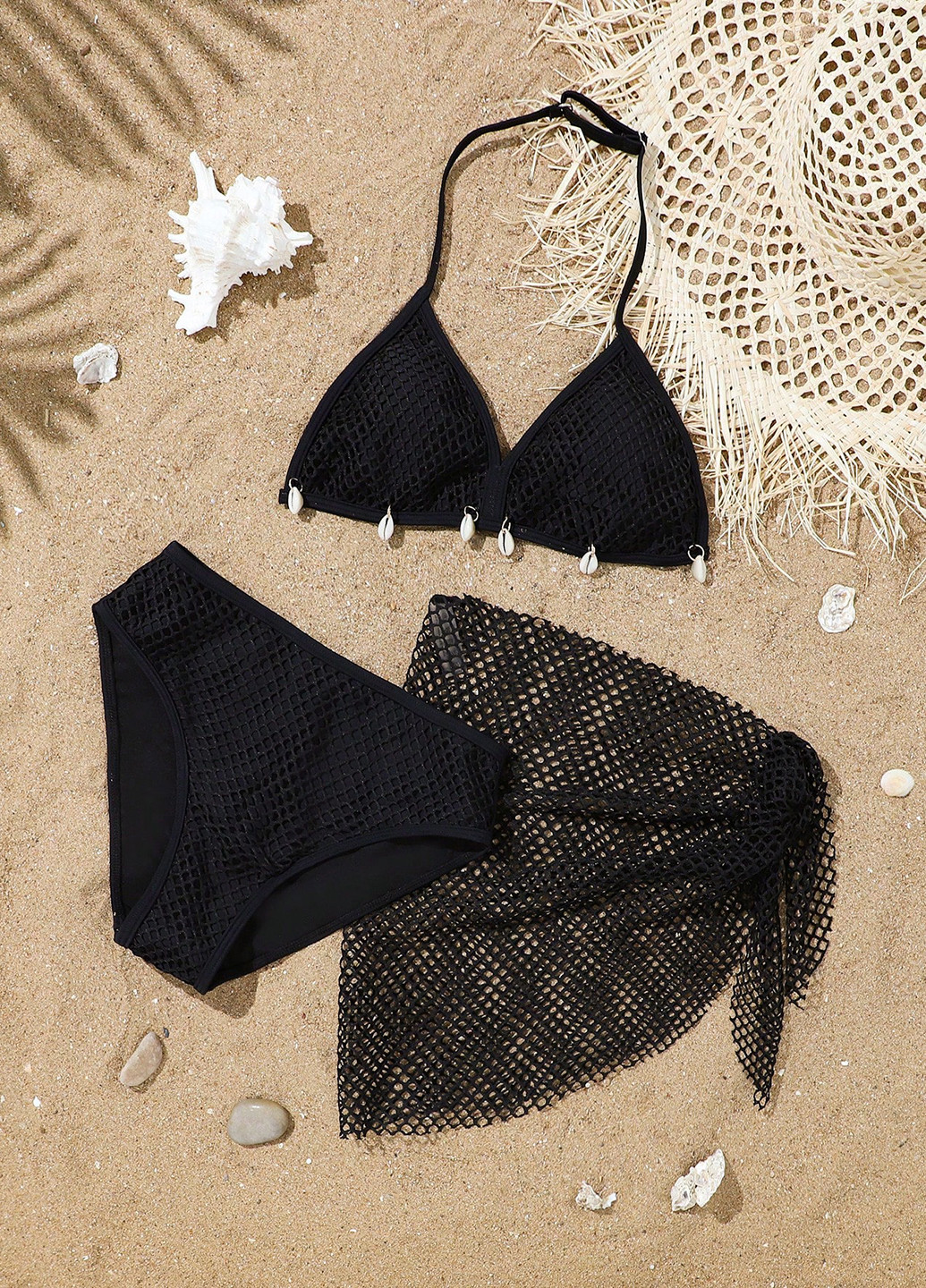 Чорний літній купальник (ліф, трусики, парео) бікіні, роздільний SHEIN