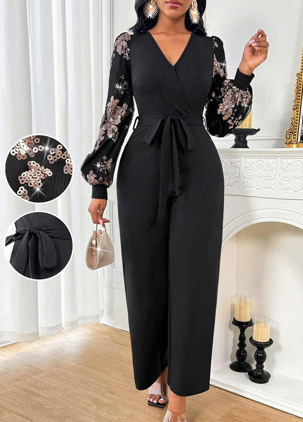 Комбінезон SHEIN комбінезон-брюки квітковий чорний діловий, кежуал поліестер