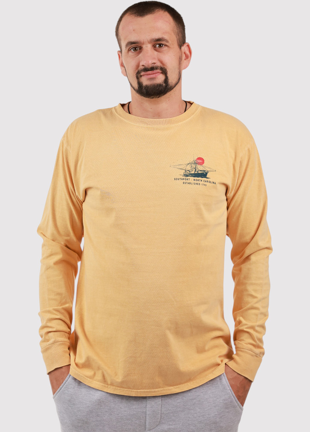 Лонгслів Blue 84 малюнок гірчичний кежуали бавовна, трикотаж