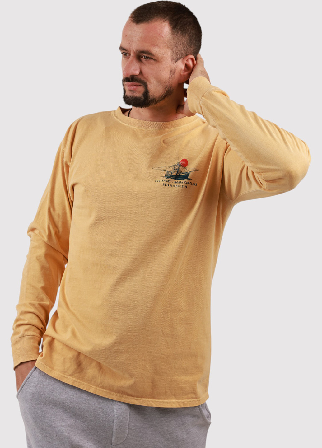 Лонгслів Blue 84 малюнок гірчичний кежуали бавовна, трикотаж