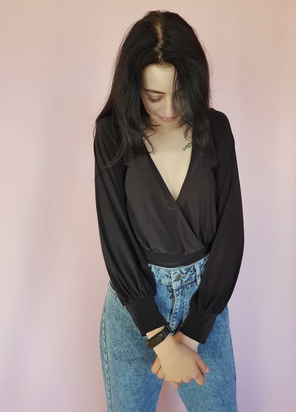 Боди-блуза с рукавами однотонный Черный Boohoo (255614652)