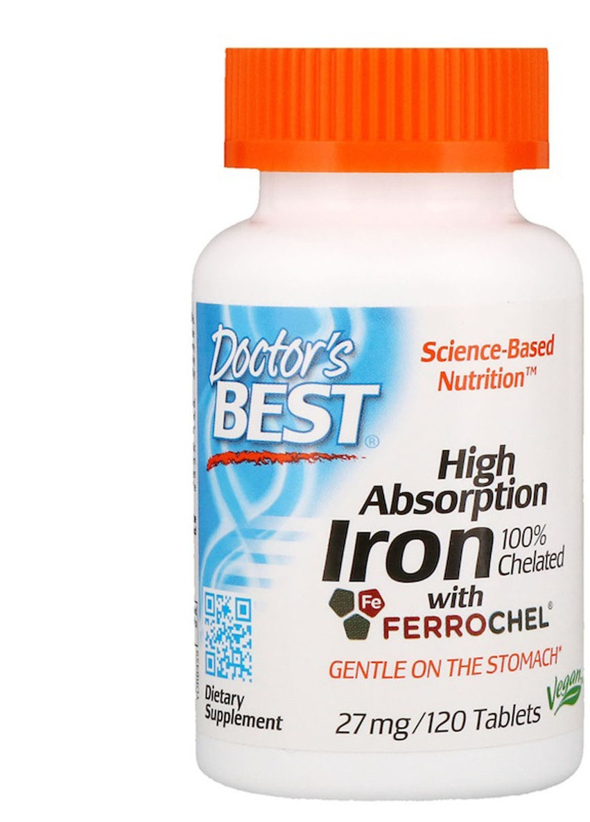 Хелатное железо, High Absorption Iron,, 27 мг, 120 таблеток Doctor's Best (228293202)