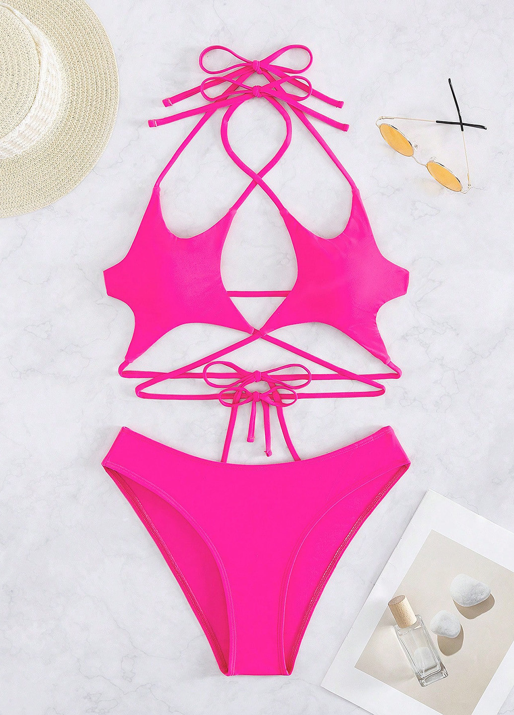 Фуксиновий (колору Фукія) літній купальник (ліф, трусики) бікіні, роздільний SHEIN