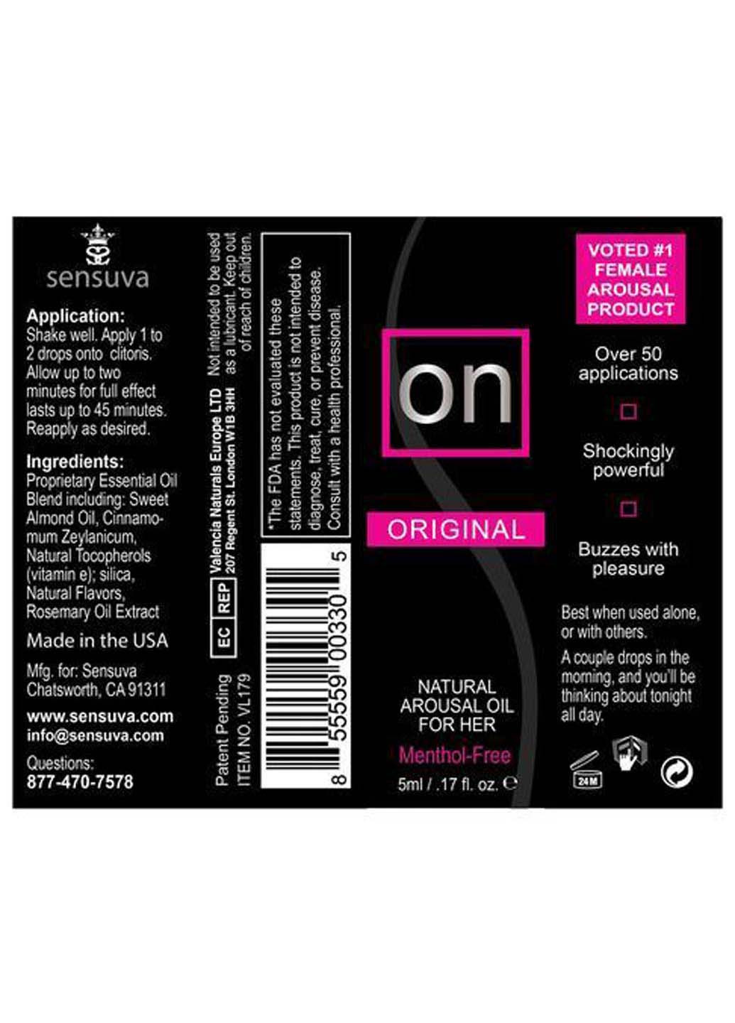 Возбуждающее масло - ON Arousal Oil for Her Original 5 мл Sensuva (256170652)