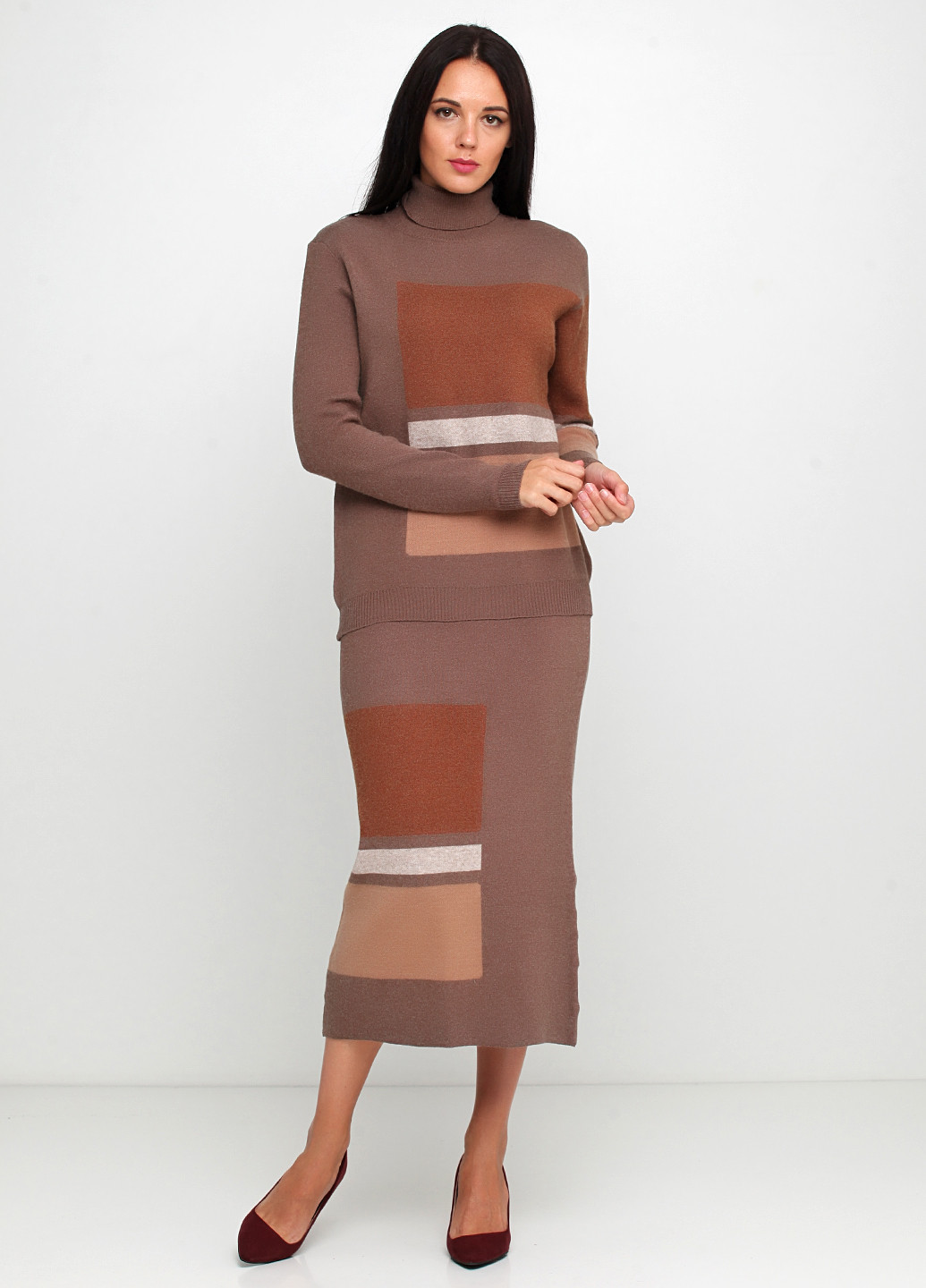 Костюм (свитер, юбка) New Collection юбочный однотонный коричневый кэжуал