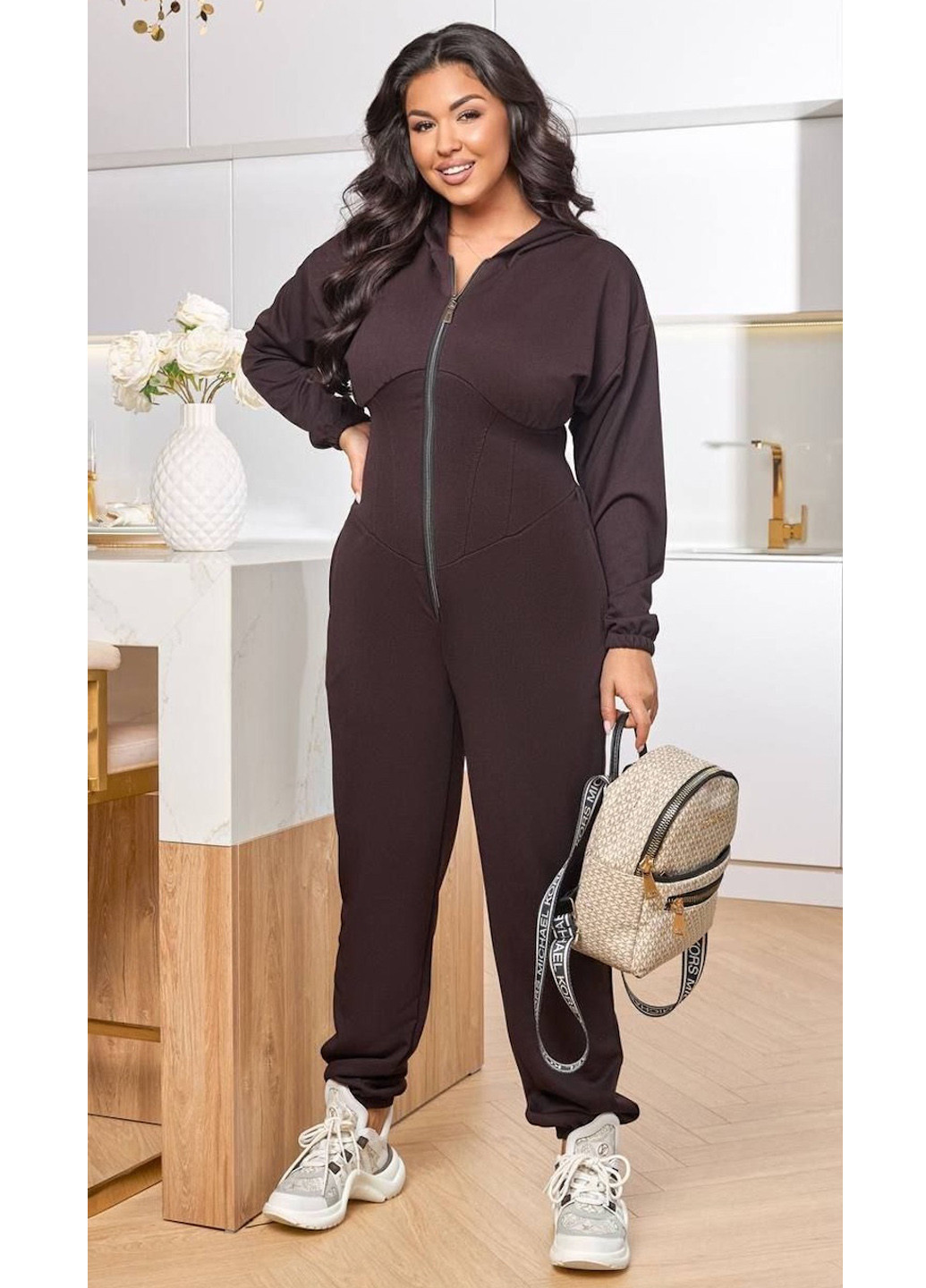 Комбинезон No Brand комбинезон-брюки однотонный тёмно-коричневый спортивный, кэжуал полиэстер, трикотаж