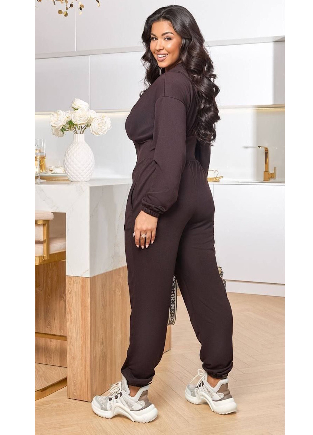 Комбинезон No Brand комбинезон-брюки однотонный тёмно-коричневый спортивный, кэжуал полиэстер, трикотаж