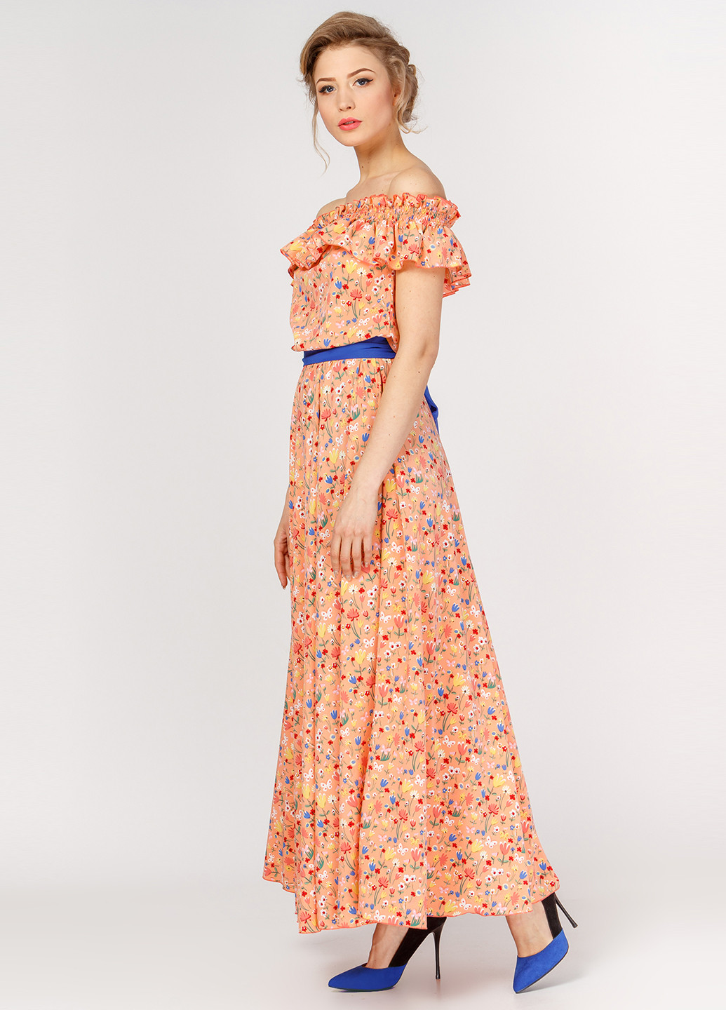 Персиковое кэжуал платье а-силуэт Adelin Fostayn с цветочным принтом