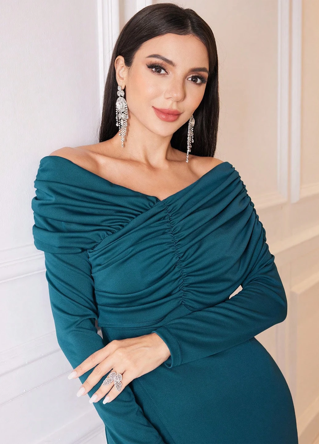 Морської хвилі святковий, вечірня сукня на запах, з відкритими плечима SHEIN однотонна