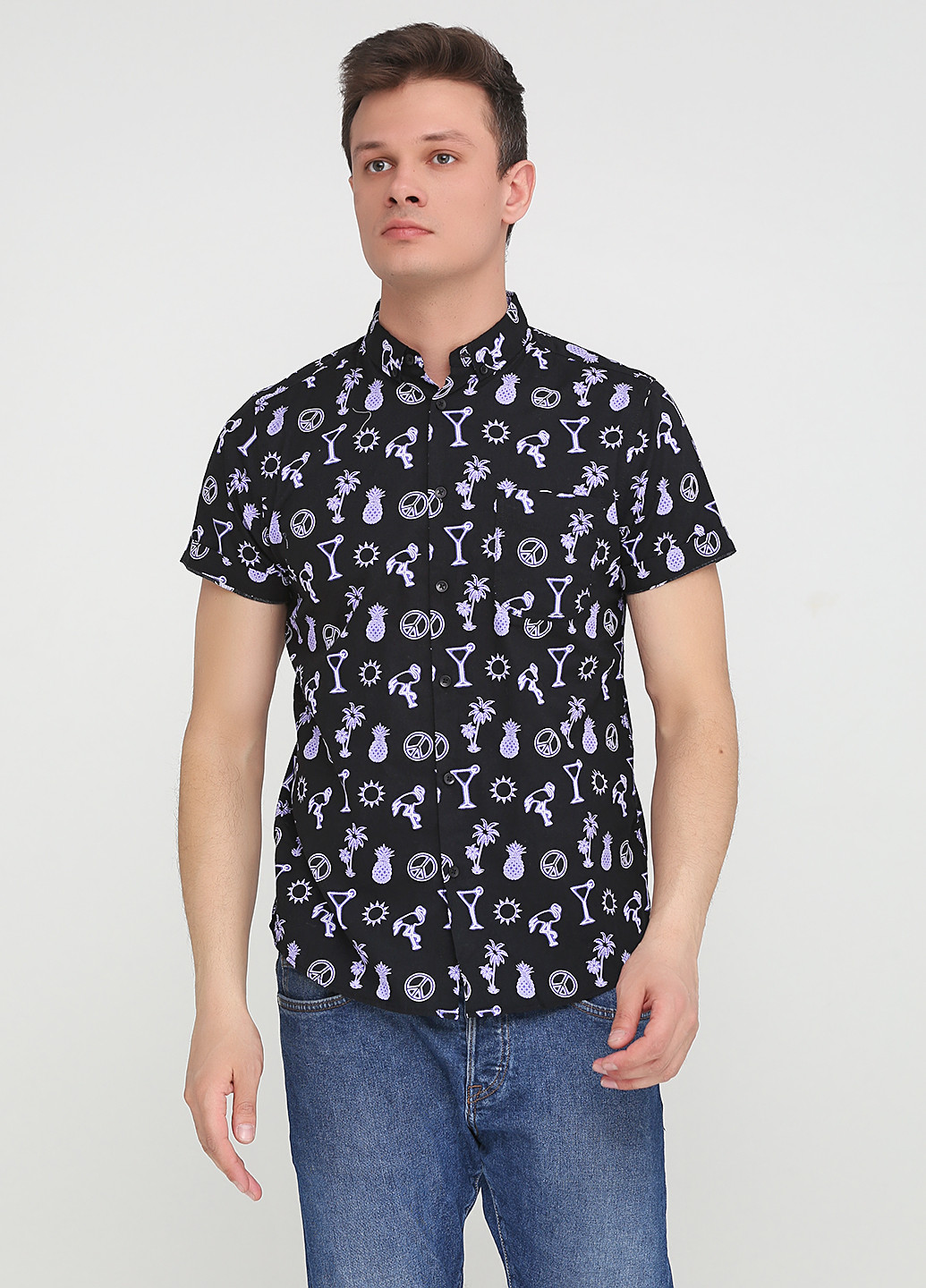 Черная кэжуал рубашка с рисунком Primark с коротким рукавом