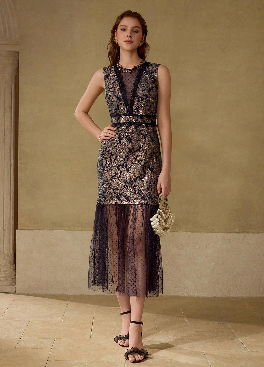 Комбінована святковий, вечірня сукня а-силует, з відкритими плечима SHEIN з квітковим принтом