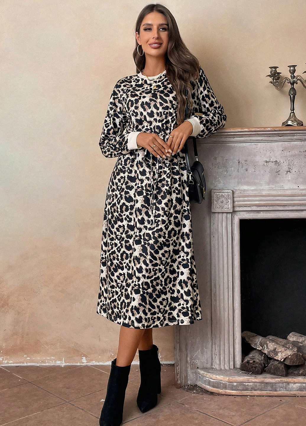 Комбинированное кэжуал платье а-силуэт SHEIN леопардовый
