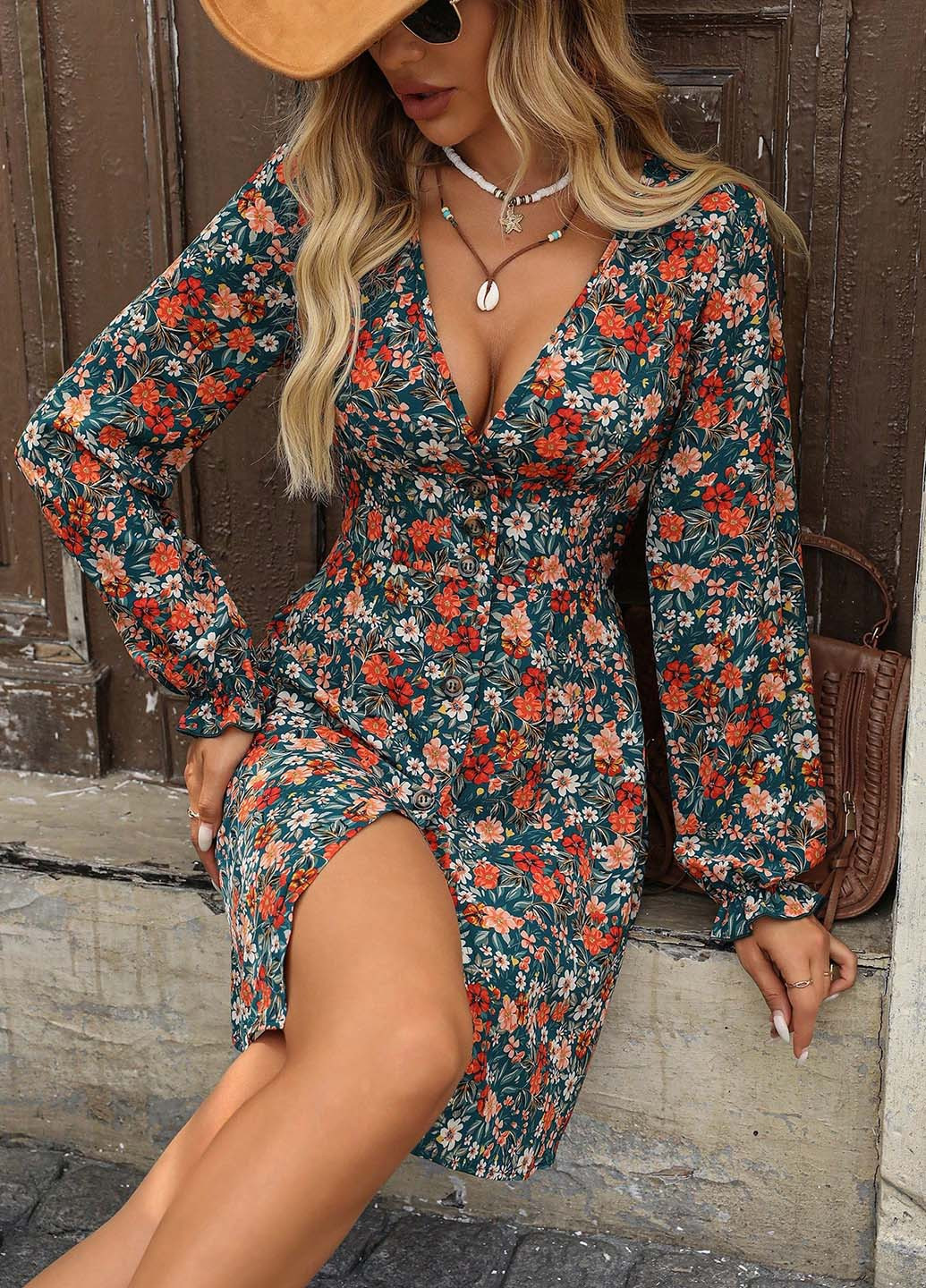 Комбинированное кэжуал платье а-силуэт SHEIN с цветочным принтом