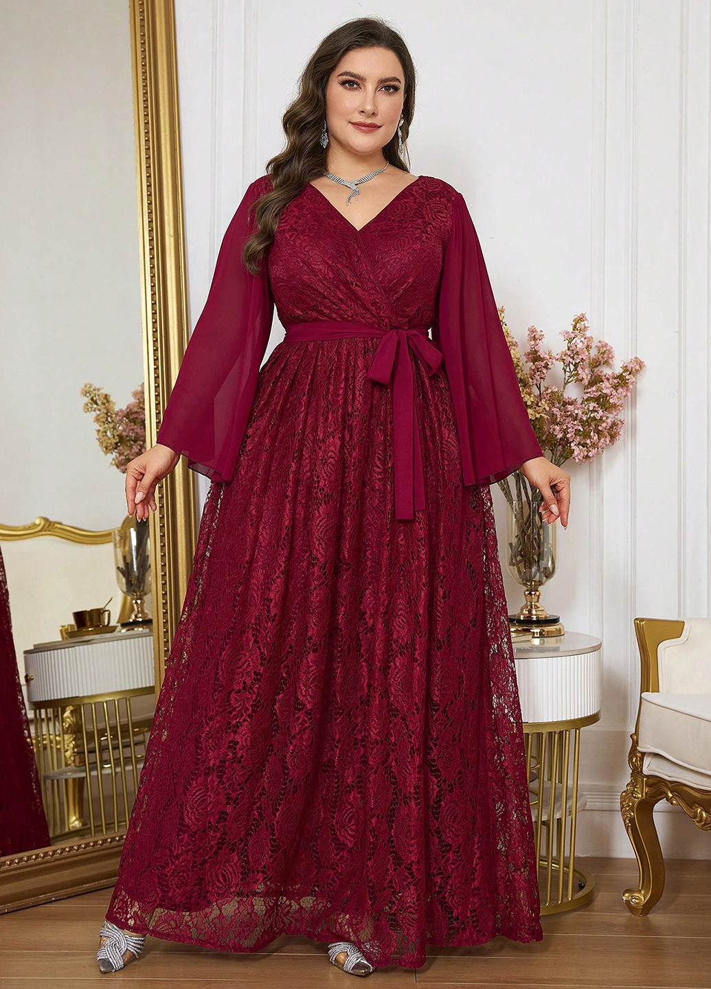 Бордовое вечернее платье в стиле ампир SHEIN однотонное