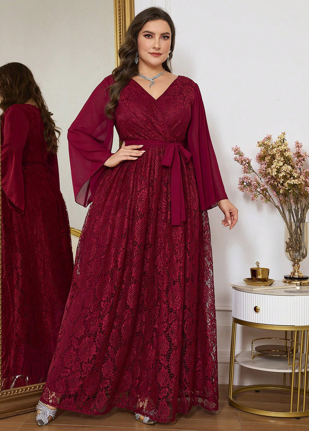 Бордовое вечернее платье в стиле ампир SHEIN однотонное