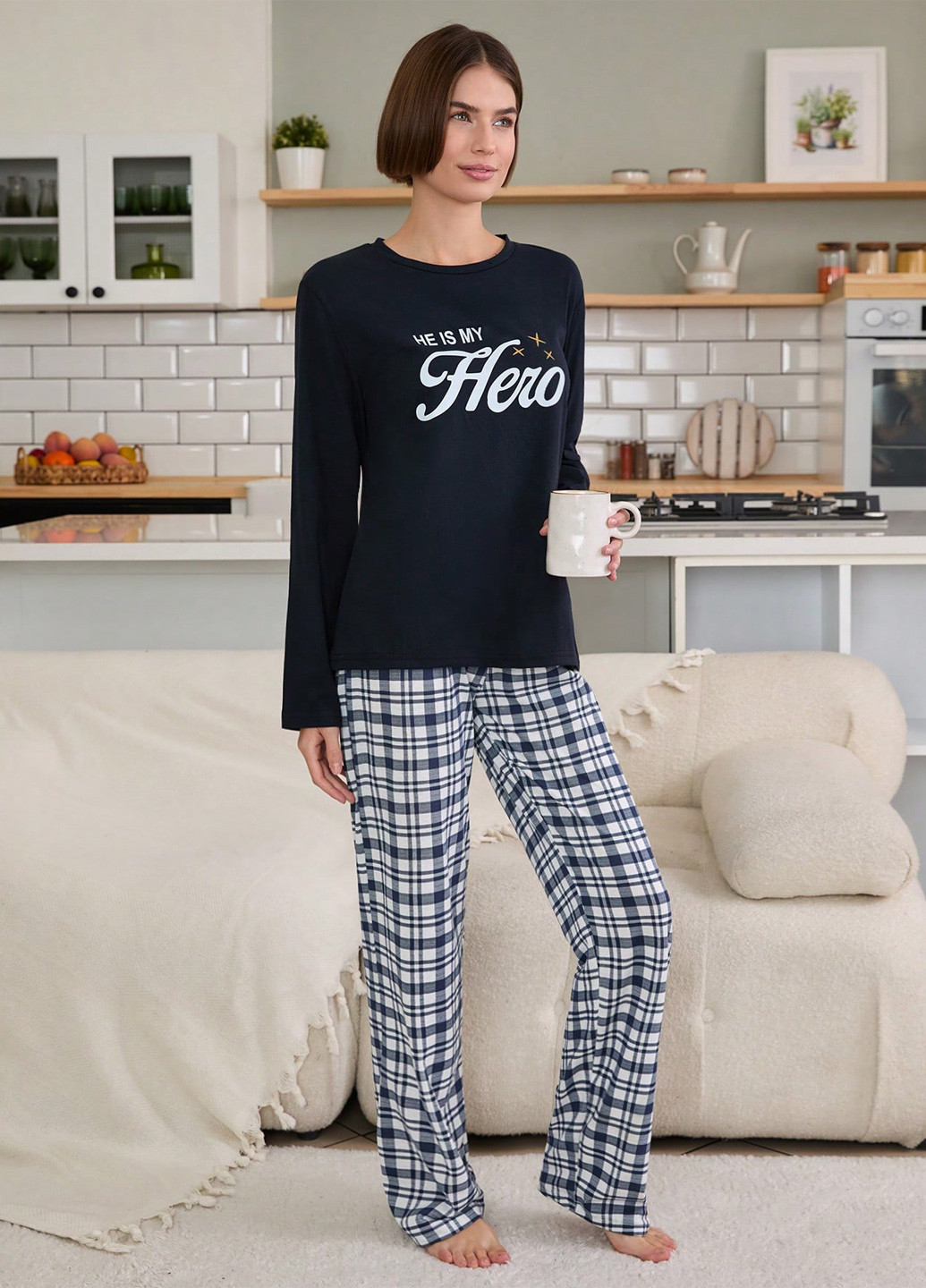Темно-синя всесезон піжами (лонгслів, штани) лонгслів + брюки SHEIN