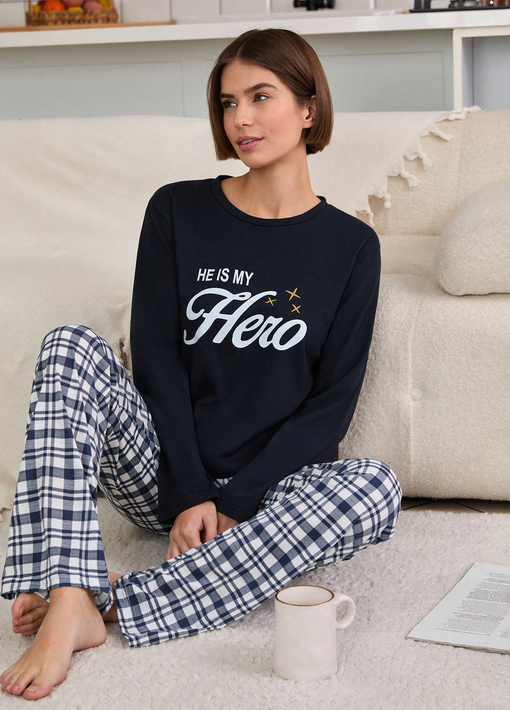 Темно-синя всесезон піжами (лонгслів, штани) лонгслів + брюки SHEIN