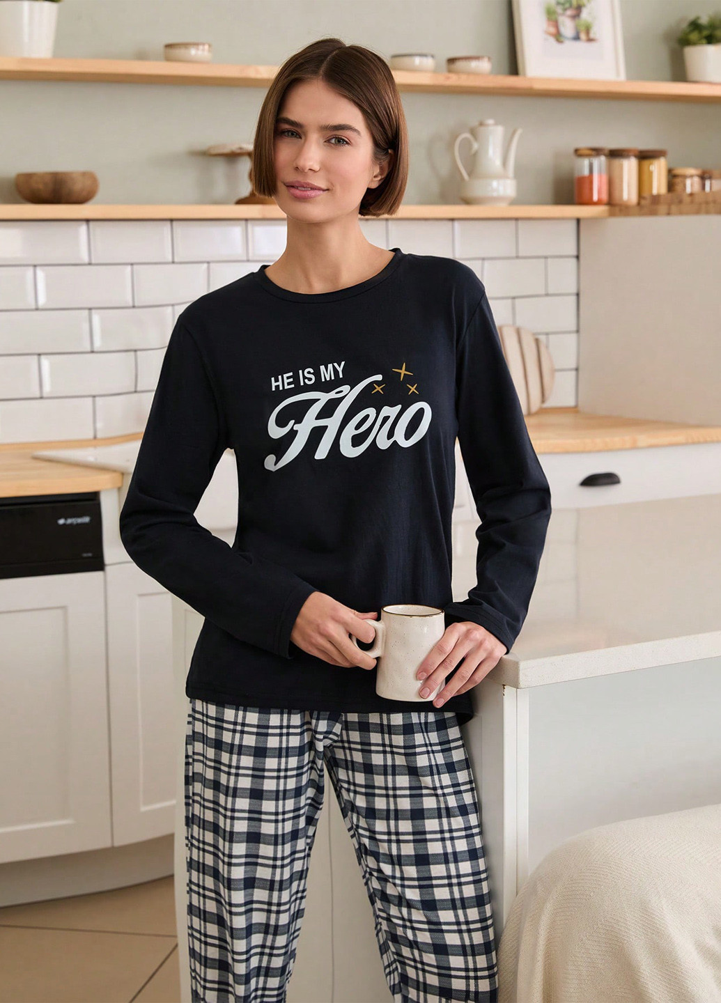 Темно-синя всесезон піжами (лонгслів, штани) лонгслів + брюки SHEIN