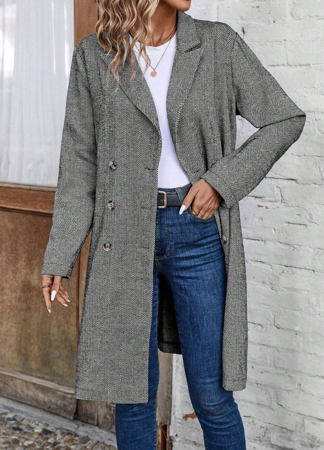 Сіре демісезонне Пальто двобортне SHEIN