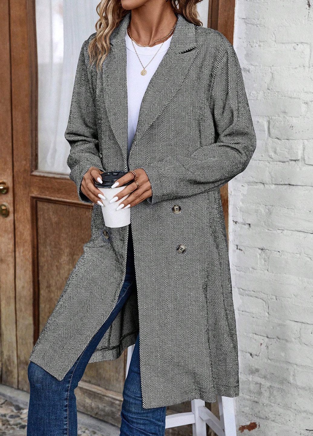 Сіре демісезонне Пальто двобортне SHEIN