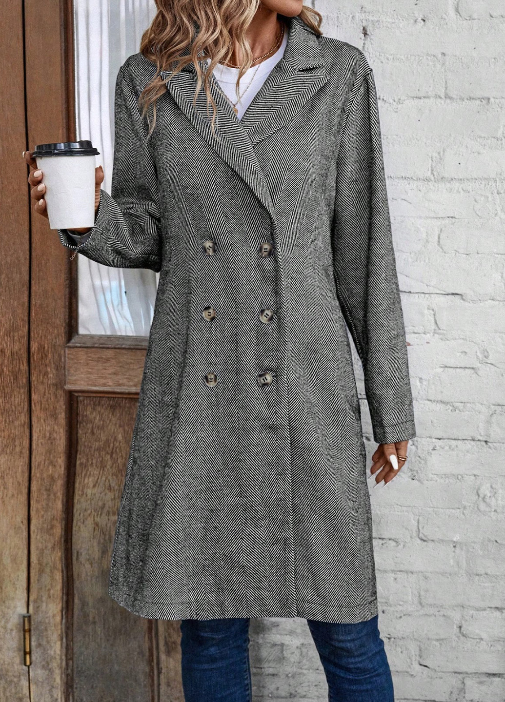 Сіре демісезонне Пальто двобортне SHEIN