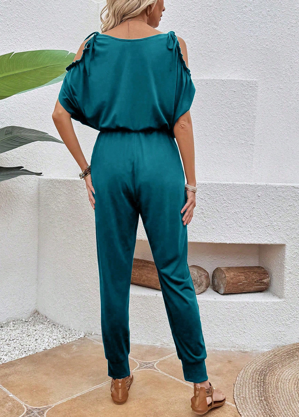 Комбинезон SHEIN комбинезон-брюки однотонный темно-бирюзовый кэжуал полиэстер